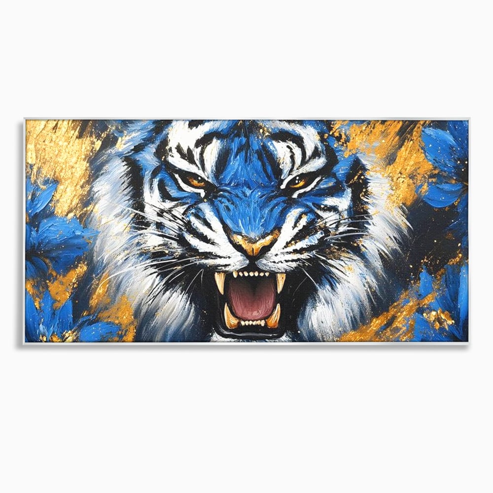 Tablou canvas cu tablou canvas cu tigru albastru si flori, in rama de aluminiu argintiu